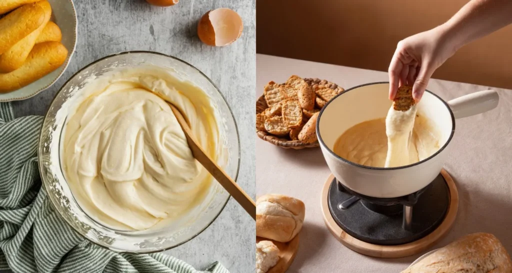 Queso crema mezclado con crema para batir como sustituto del mascarpone en una receta, proporcionando una textura similar.