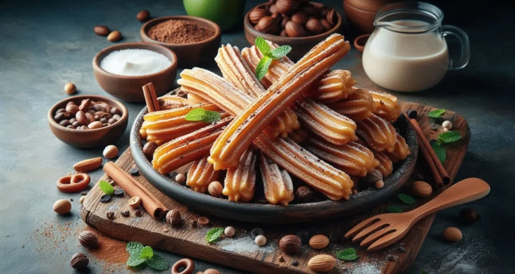 Churros veganos dorados y crujientes espolvoreados con azúcar y canela