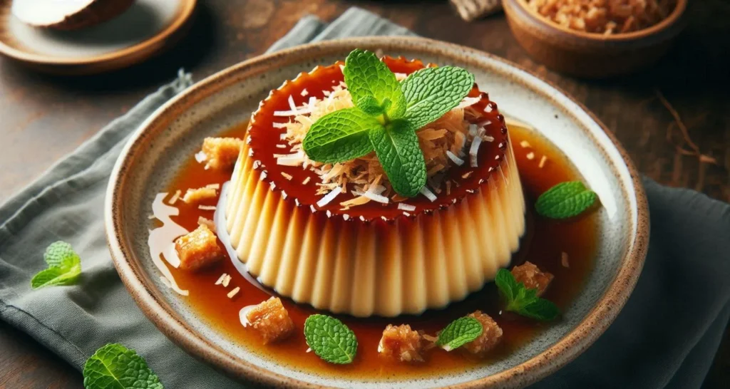 Flan de coco vegano servido en un plato decorativo con una cuchara y hojas de menta