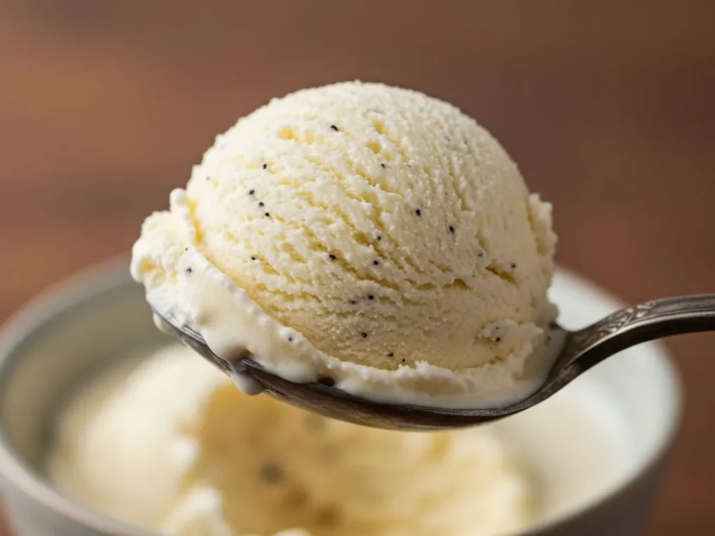 Cucharada de helado de vainilla casero cremoso con pintitas de vainilla naturales.