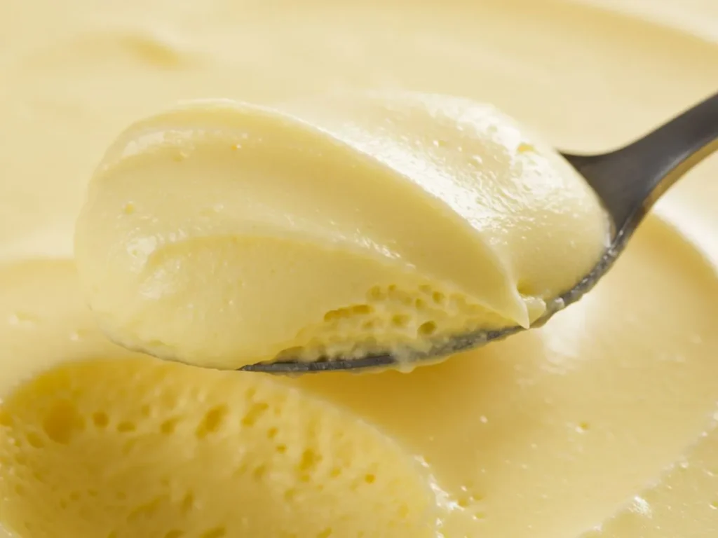 Primer plano extremo de una cuchara sacando una porción de mousse de limón, mostrando su textura cremosa y aireada.