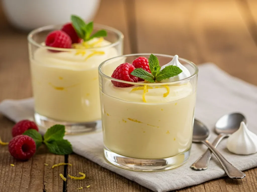 Dos copas de mousse de limón decoradas con frambuesas y menta sobre una mesa lista para el postre.