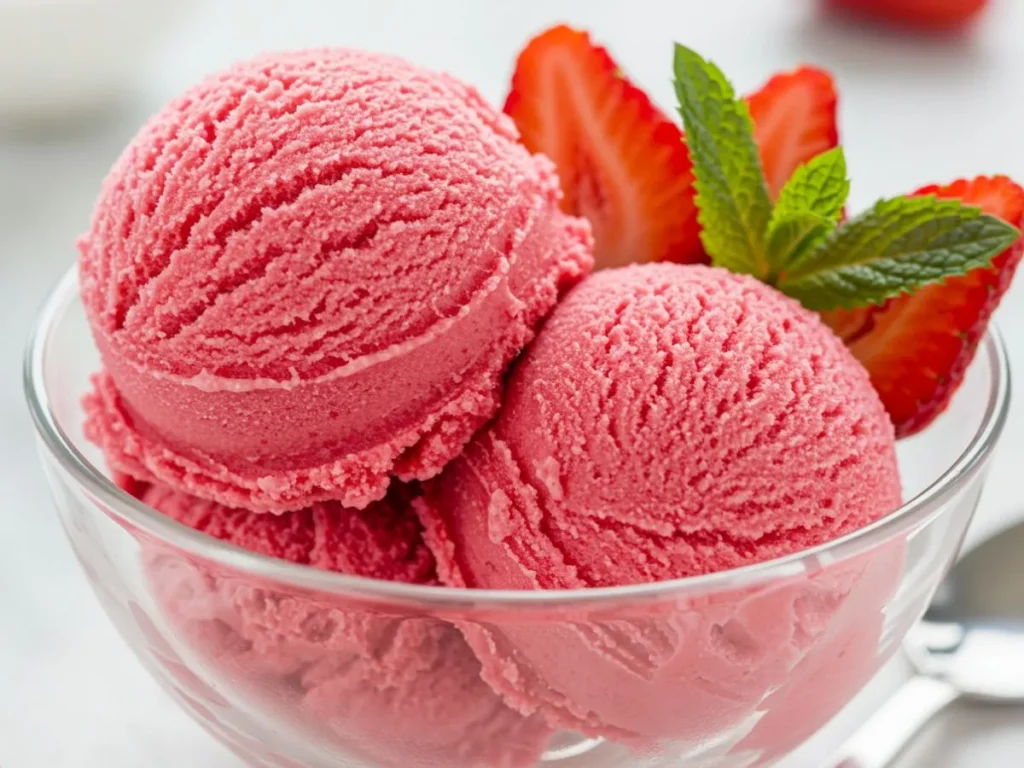 Delicioso helado de fresa casero sin máquina servido en una copa con fresas frescas.
