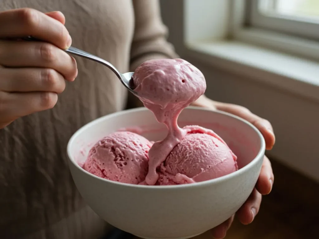 Persona disfrutando de una cucharada de helado de fresa casero cremoso.