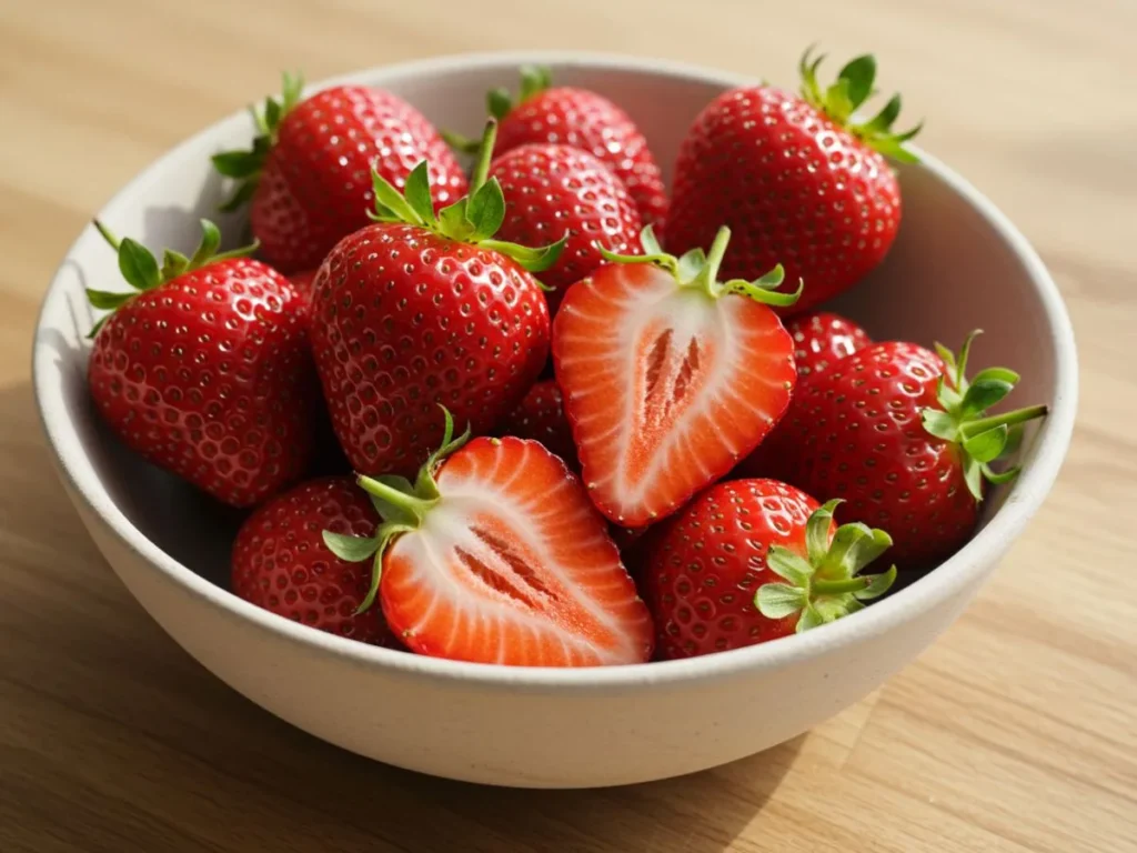 Fresas frescas y maduras, ingrediente principal del helado de fresa casero.