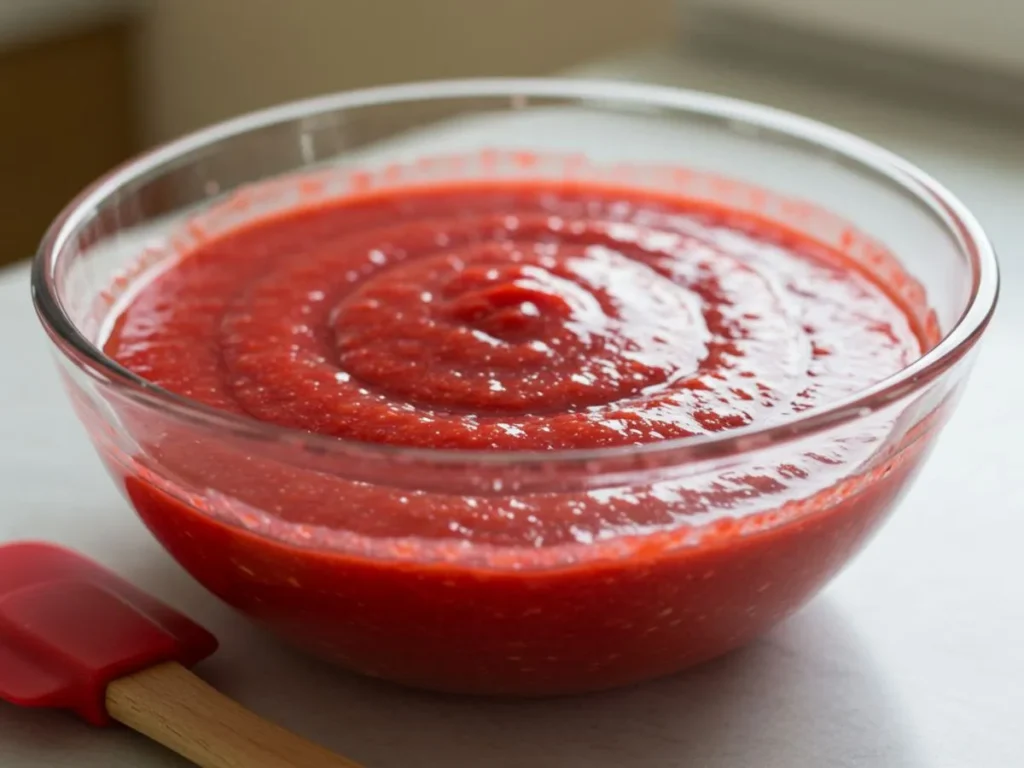 Puré de fresa casero listo para mezclar en la receta de helado.