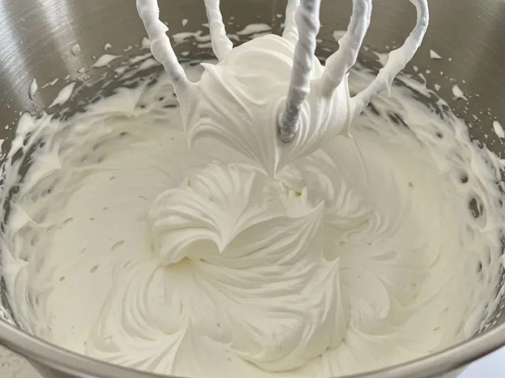 Nata montada a punto de picos firmes en un bol para helado casero.