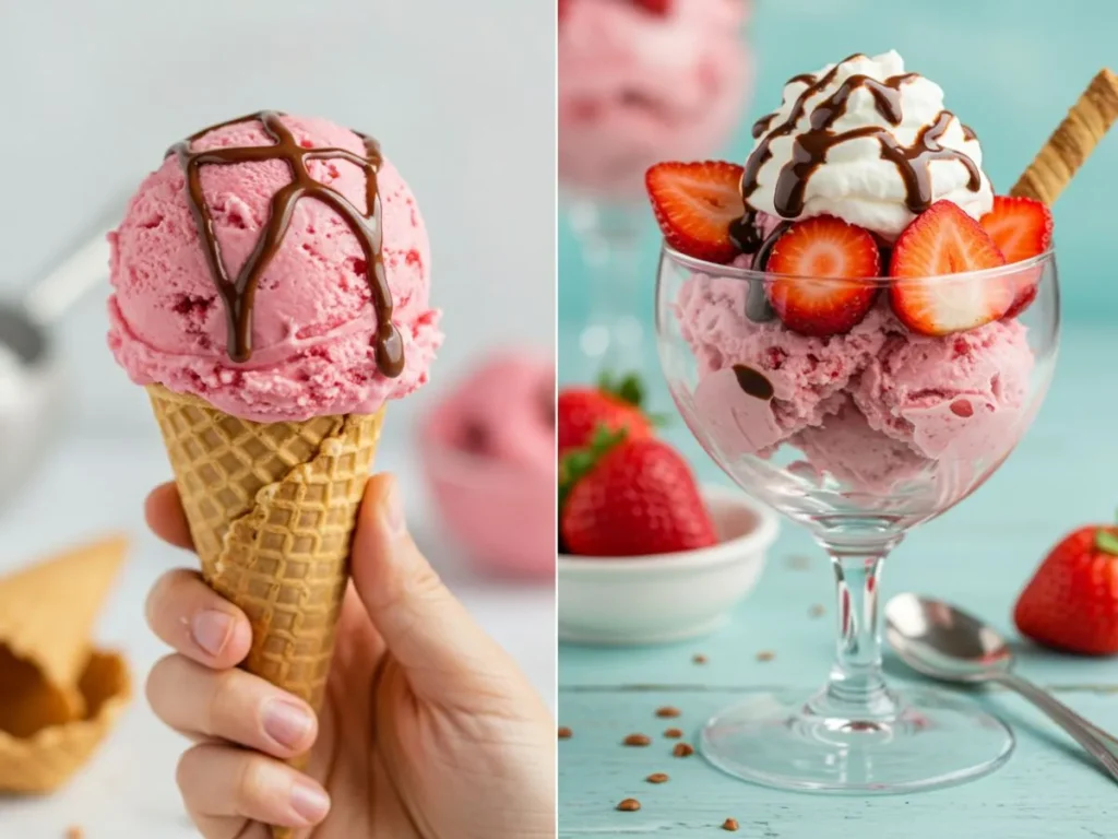 Diferentes formas de servir el helado de fresa casero: en cucurucho y en copa con toppings.