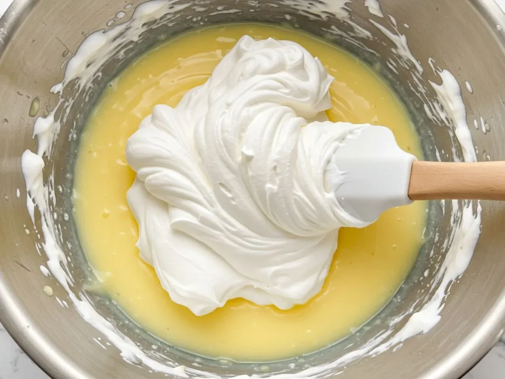 Mano usando espátula para incorporar suavemente la crema batida a la mezcla de limón con movimientos envolventes.