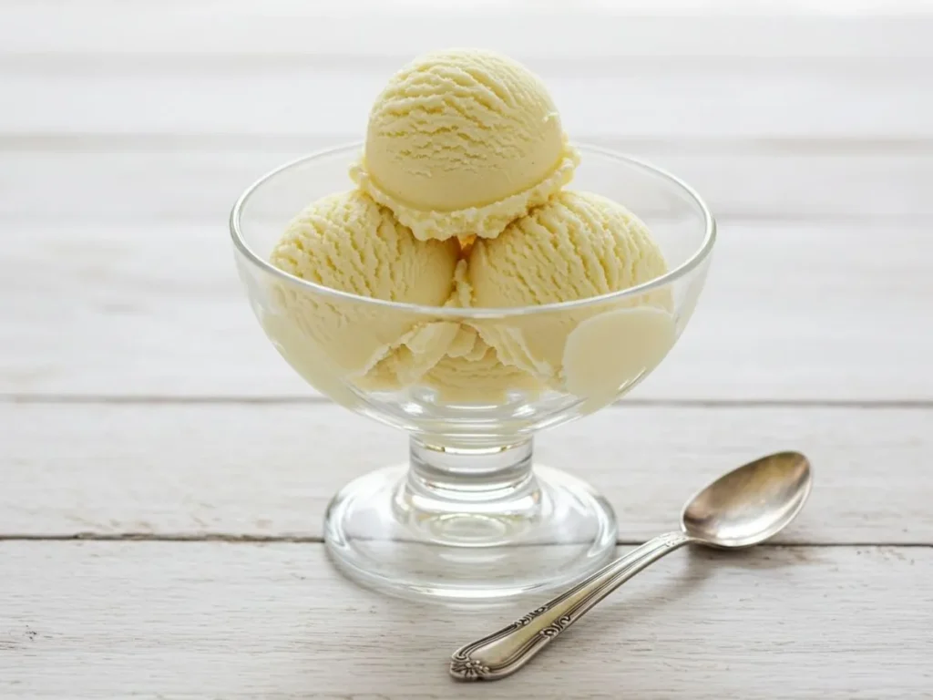 Bol de cristal transparente con varias bolas de helado de vainilla casero listas para comer.