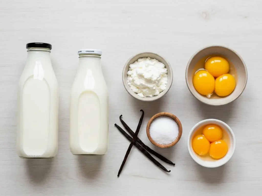 Ingredientes frescos para helado de vainilla: leche, nata o crema de leche, azúcar, yemas y vaina de vainilla natural.