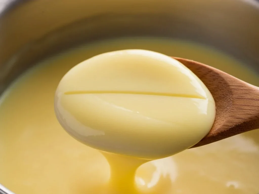 Primer plano de cuchara de madera cubierta de crema inglesa demostrando la prueba de 'napar'.