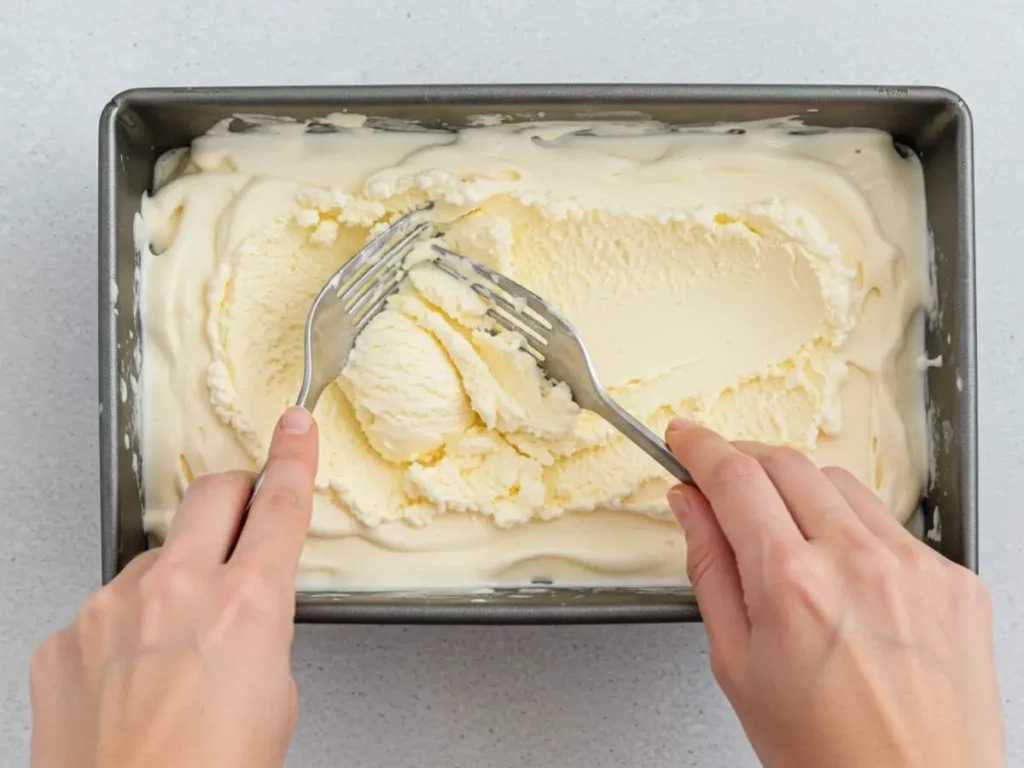 Manos raspando helado de vainilla semi-congelado en un recipiente metálico con un tenedor o varillas.