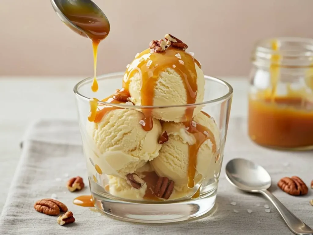 Presentación atractiva de helado de vainilla casero con salsa de caramelo y nueces.