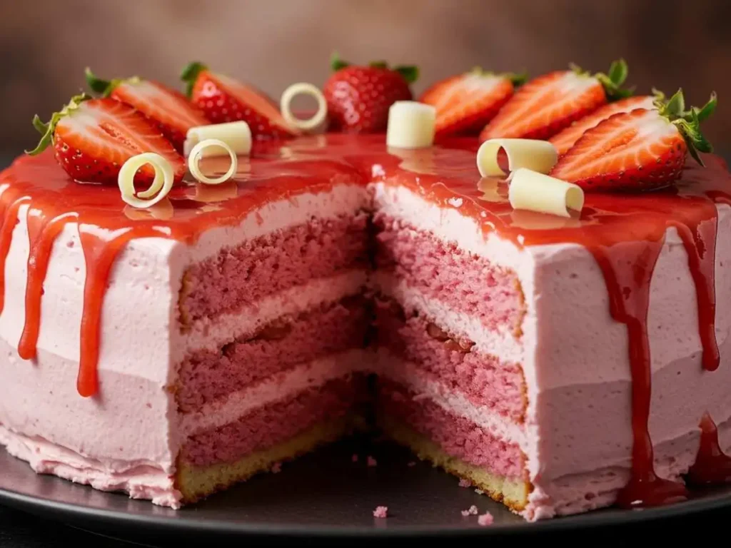 Pastel de fresa casero entero, decorado con fresas frescas y crema, aspecto delicioso y tentador.
