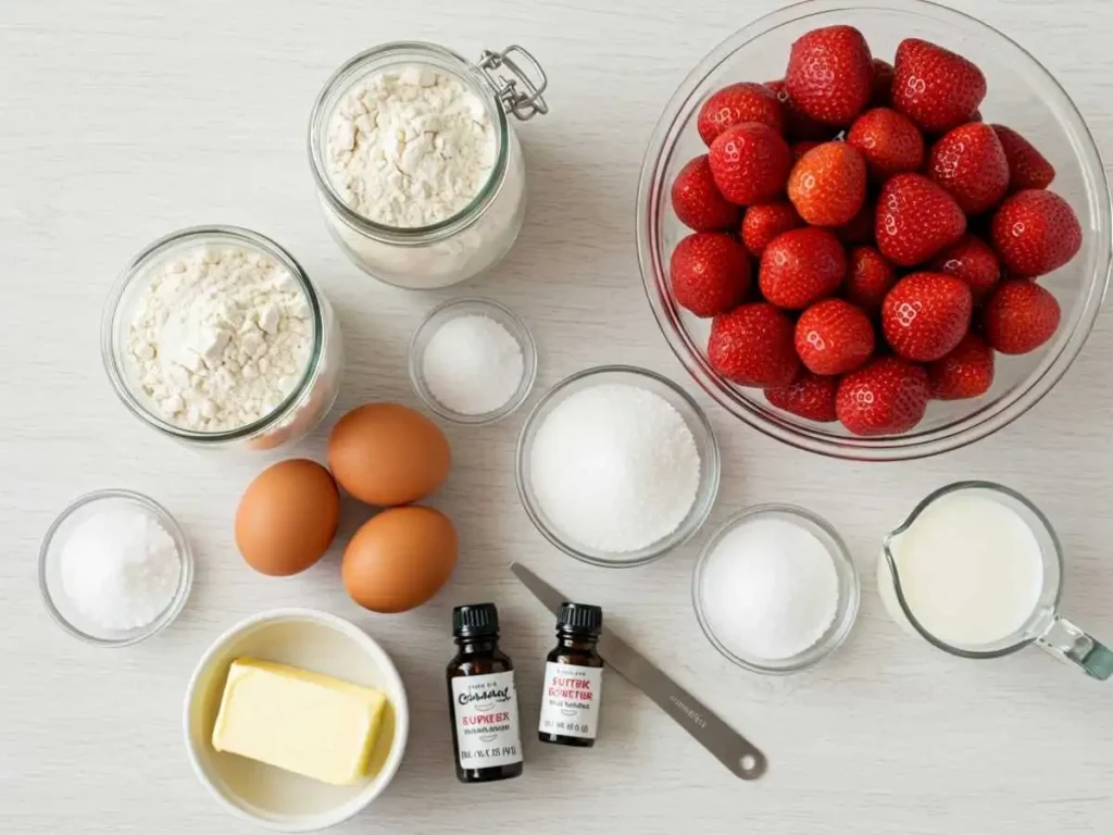Ingredientes frescos y medidos para hacer pastel de fresa casero: fresas, harina, huevos, azúcar, mantequilla, leche.
