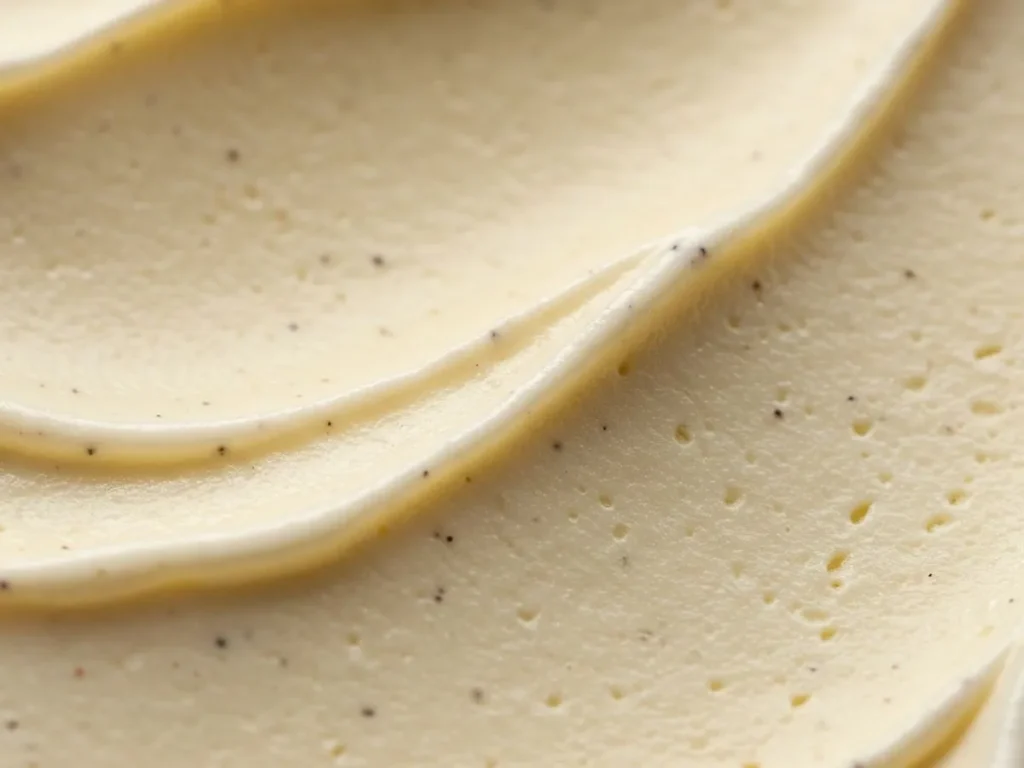 Primer plano extremo de la textura súper cremosa del helado de vainilla casero de Mariana Postres.
