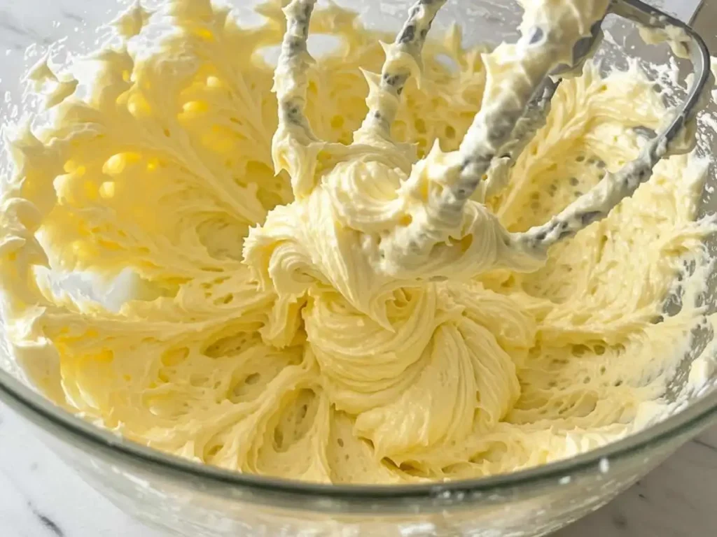 Mezcla cremosa y pálida de mantequilla y azúcar batidas en un bol, mostrando textura esponjosa.