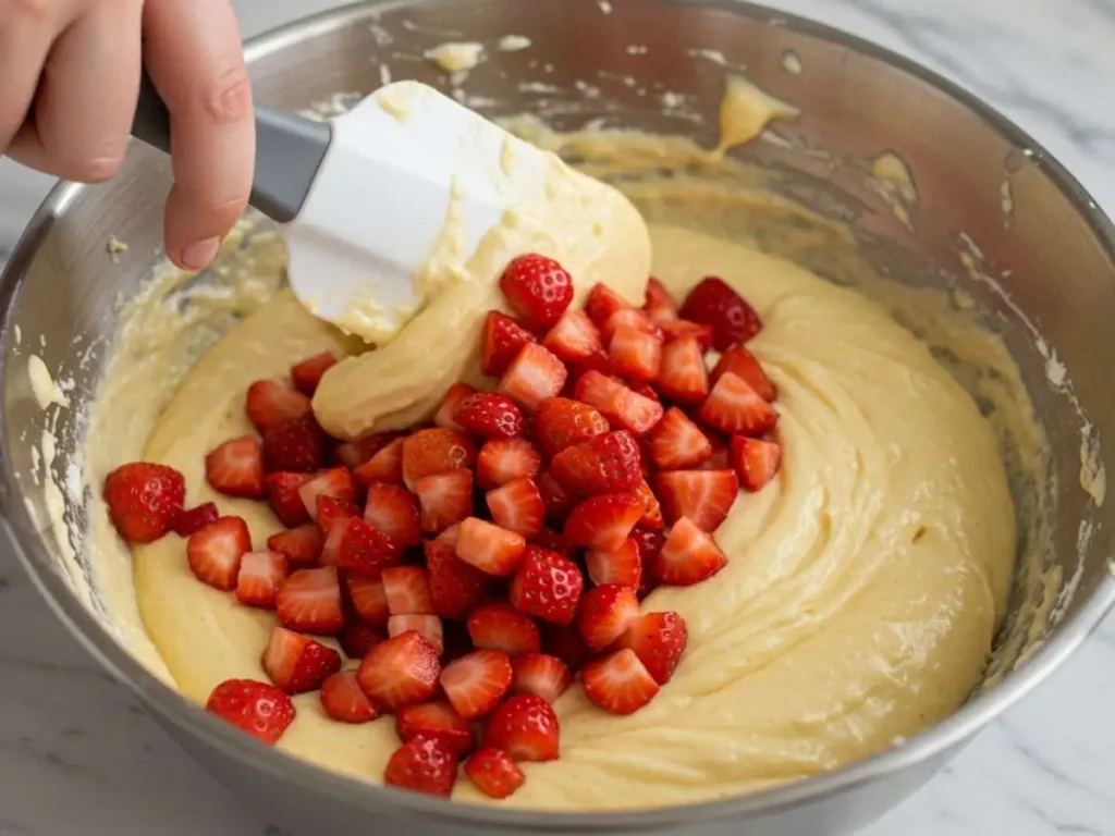 Mano usando espátula de silicona para mezclar con suavidad trozos de fresas rojas en la masa pálida del bizcocho.