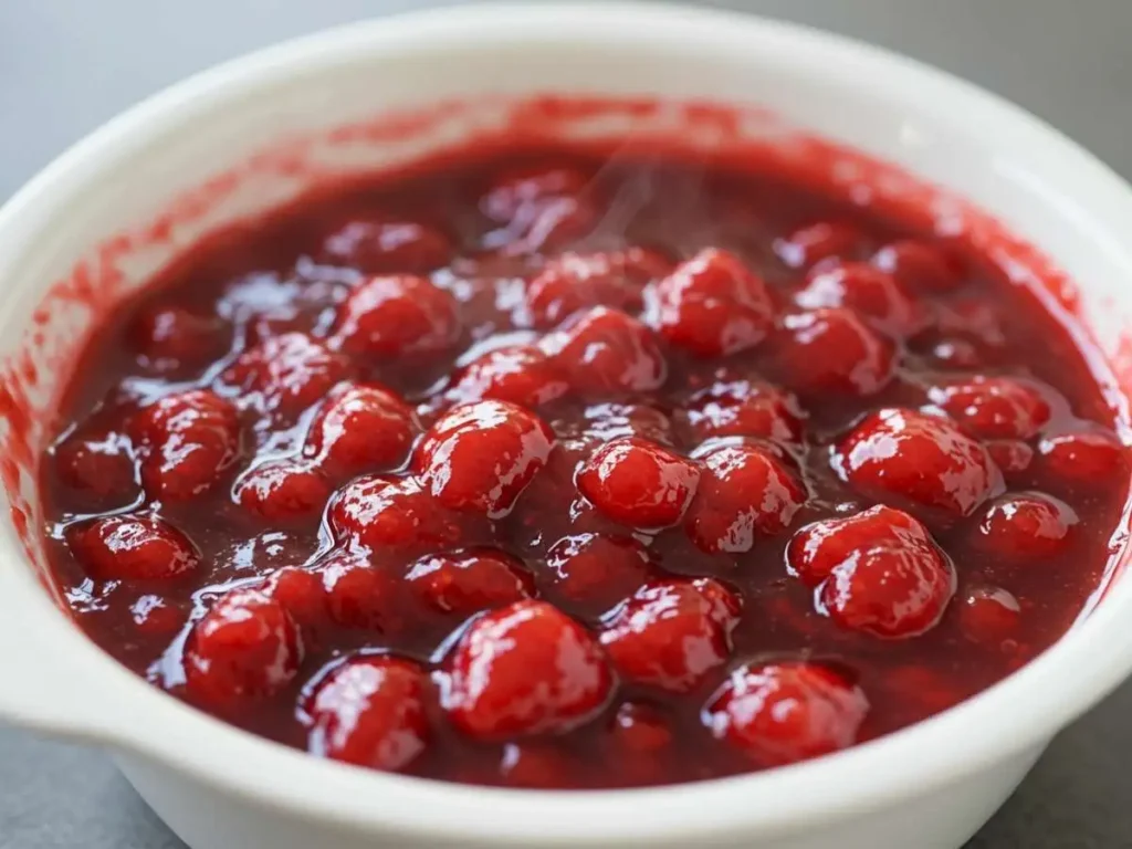 Apetitoso relleno casero de fresas, espeso y brillante, enfriándose en un recipiente.