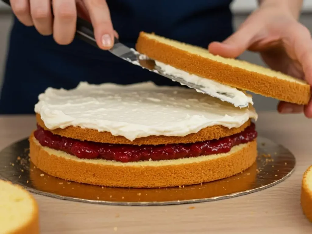 Montando el pastel de fresa: mano extendiendo relleno de fresas o cobertura sobre una capa de bizcocho.