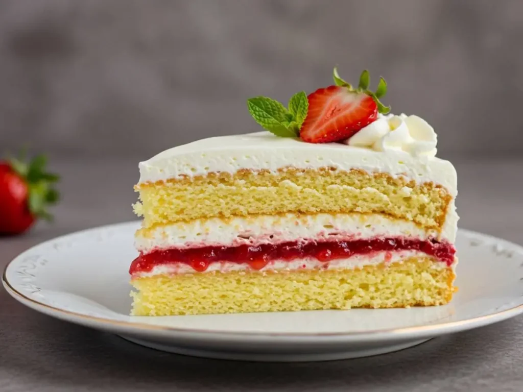 Deliciosa rebanada de pastel de fresa casero en un plato, mostrando capas de bizcocho, relleno y crema.