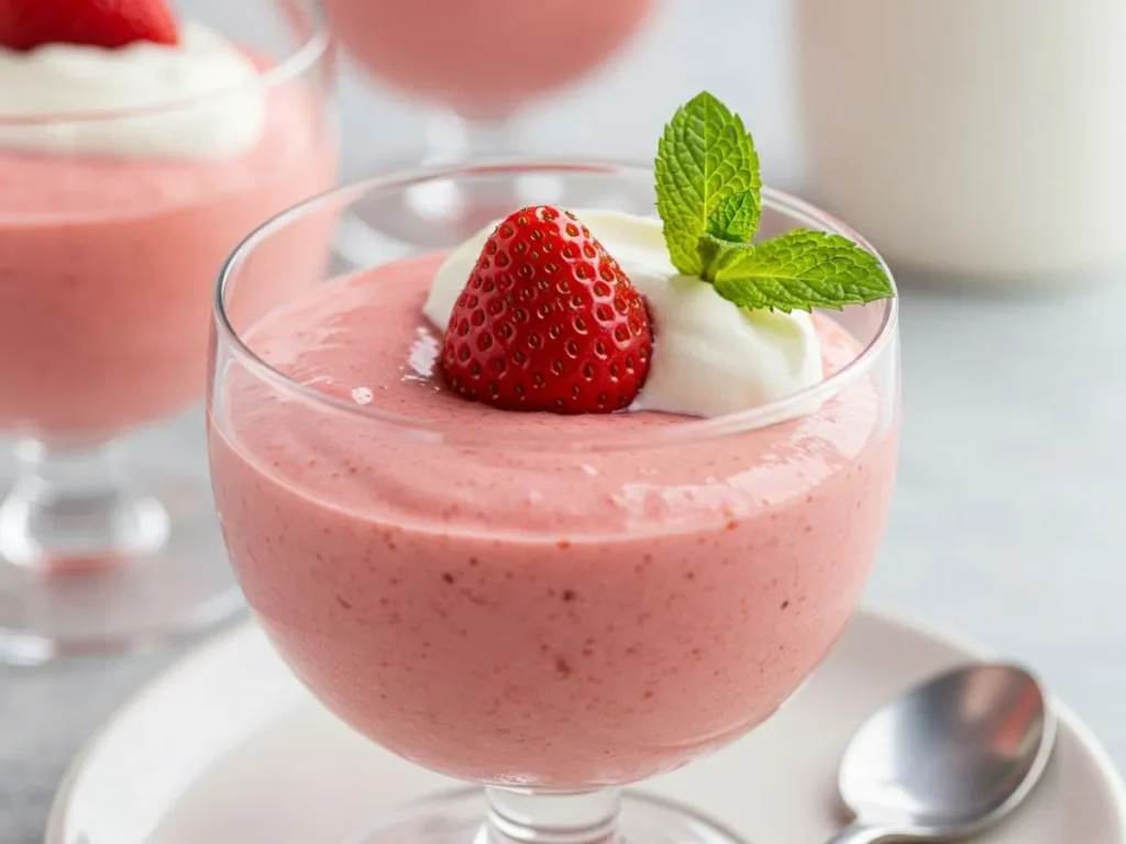 Delicioso mousse de fresa casero servido en copa elegante con fresas frescas y menta, receta fácil.