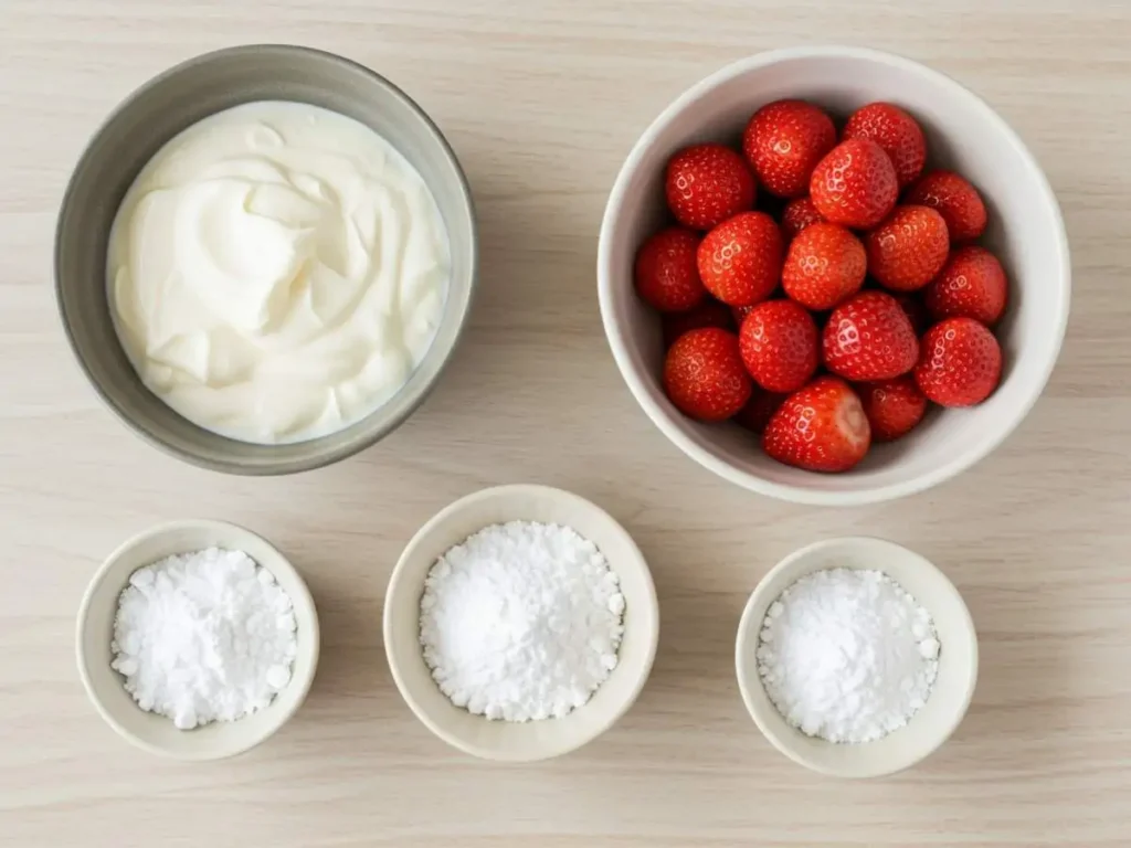 Ingredientes frescos para mousse de fresa: fresas rojas, nata fría, azúcar glas, gelatina.