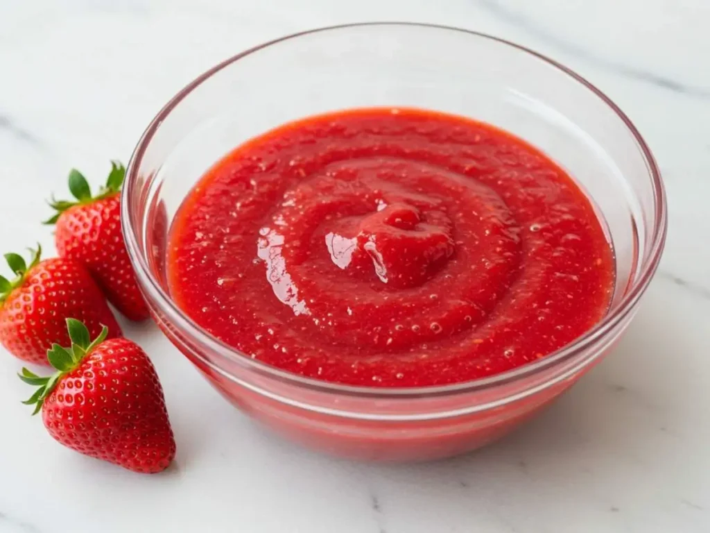 Puré de fresa casero, vibrante y suave, en un bol listo para usar en la receta.
