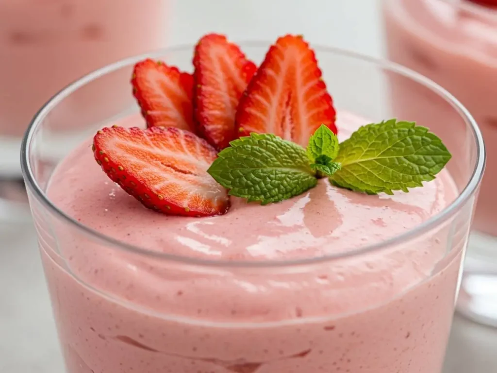 Mousse de fresa en copa con decoración minimalista: fresa en abanico y hoja de menta.
