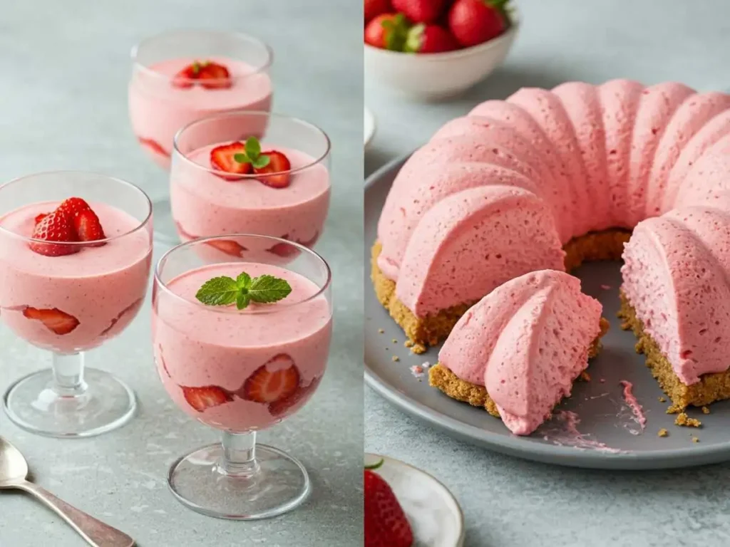 Mousse de fresa presentado en formato individual (copas) y en formato familiar (desmoldado).