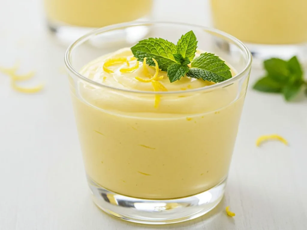 Mousse de limón cremoso y refrescante servido en copa de cristal con decoración de menta y ralladura.