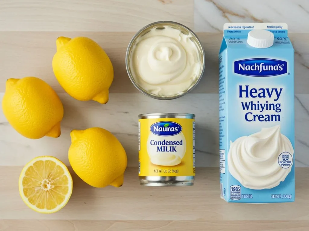 Ingredientes para hacer mousse de limón: limones frescos, lata de leche condensada, brick de crema de leche/nata.