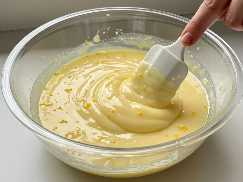 Mezclando leche condensada con jugo y ralladura de limón en un bol de cristal con una espátula.
