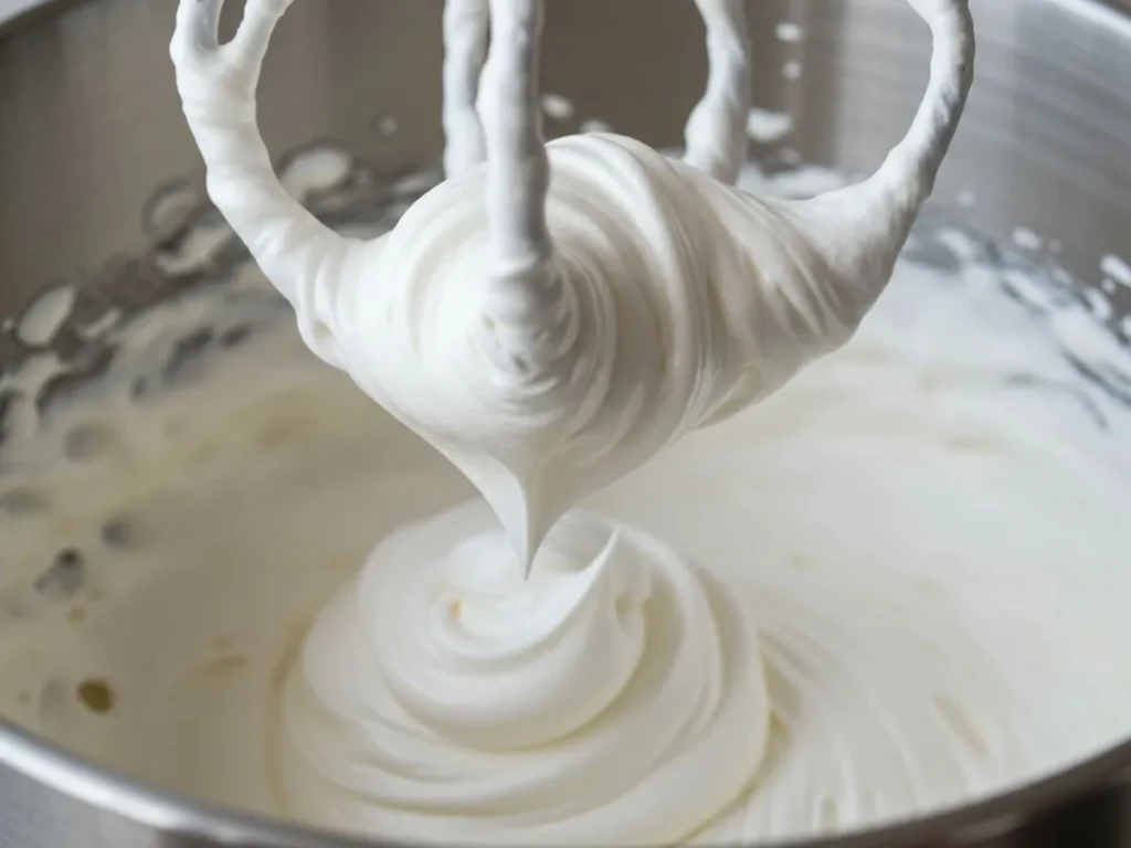 Batiendo crema de leche / nata muy fría con batidora eléctrica hasta obtener picos suaves.