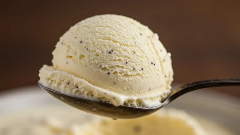 Cucharada de helado de vainilla casero cremoso con pintitas de vainilla naturales.