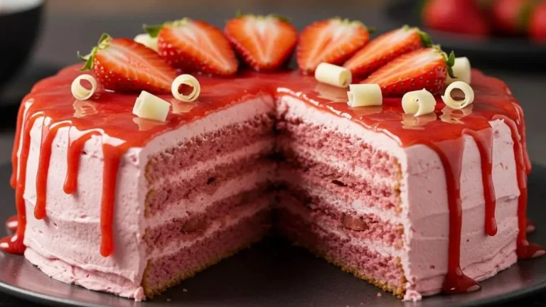 Pastel de fresa casero entero, decorado con fresas frescas y crema, aspecto delicioso y tentador.