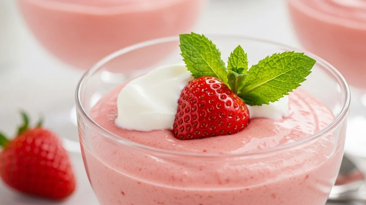 Delicioso mousse de fresa casero servido en copa elegante con fresas frescas y menta, receta fácil.