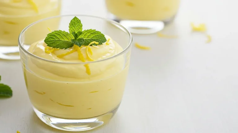 Mousse de limón cremoso y refrescante servido en copa de cristal con decoración de menta y ralladura.
