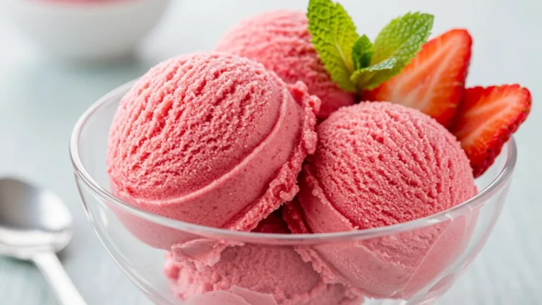 Delicioso helado de fresa casero sin máquina servido en una copa con fresas frescas.