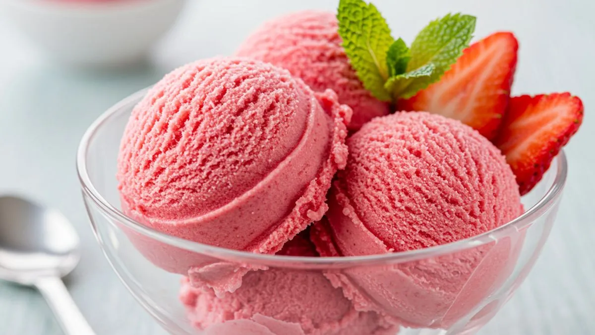 Delicioso helado de fresa casero sin máquina servido en una copa con fresas frescas.