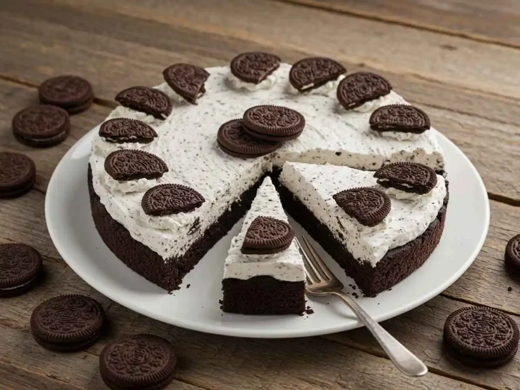 Pastel de Oreo casero cremoso cortado en porciones sobre plato blanco