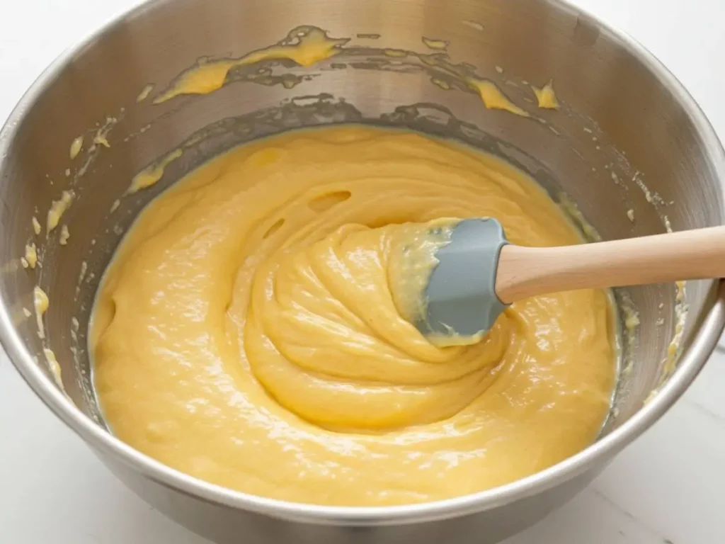 Mezcla homogénea de helado de mango lista para ser congelada.