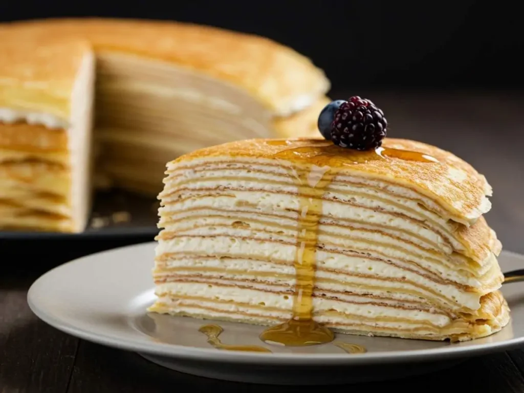Tentadora porción de pastel de crepas servida en un plato, mostrando las múltiples capas de crepa y relleno.