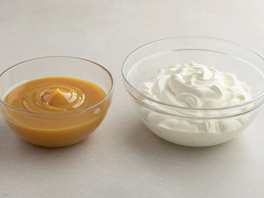 Lata de leche condensada junto a un bol con crema de leche (nata) espesa y fría lista para batir.