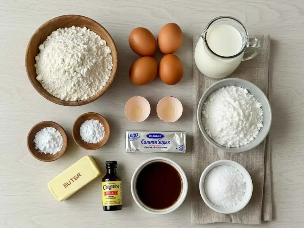 Ingredientes frescos para pastel de cajeta: harina, huevos, leche, mantequilla, azúcar, polvo de hornear, vainilla y cajeta en una mesa