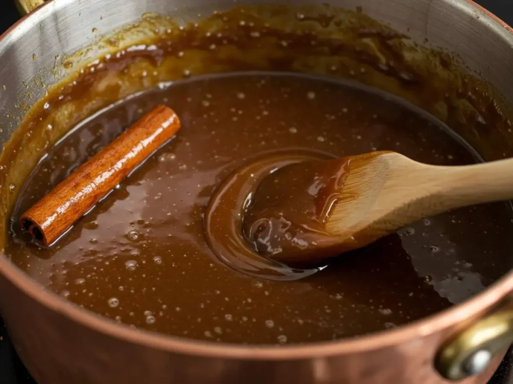 Cajeta casera hirviendo suavemente en una olla de cobre con canela y cuchara de madera