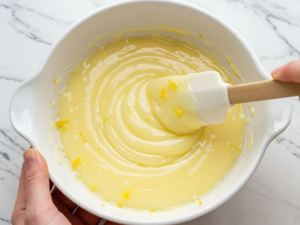 Mezclando la leche condensada con el jugo y la ralladura de limón en un bol usando una espátula.