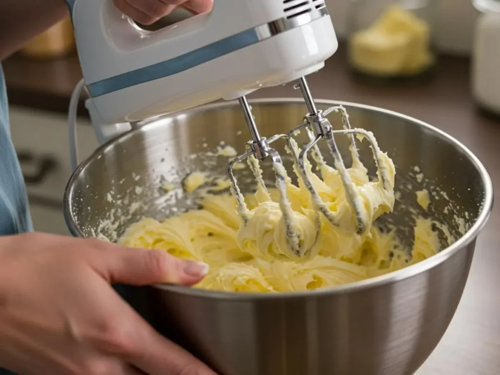 Manos batiendo mantequilla y azúcar en un tazón para pastel, creando una mezcla cremosa y aireada