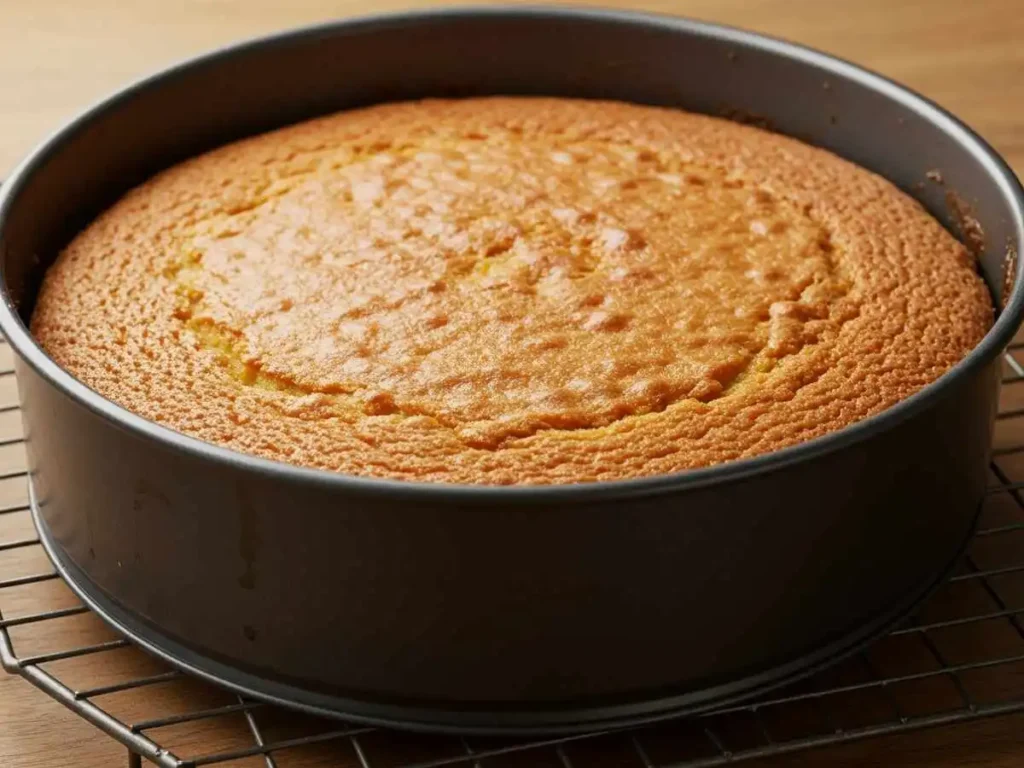 Pastel de cajeta recién horneado y dorado, en un molde sobre rejilla, listo para enfriar